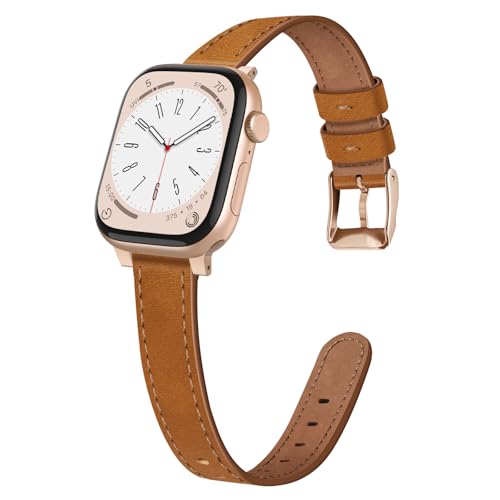 FINTIE Leather Bands Compatible with Apple Watch Band 42mm(Series 11/10) 41mm 40mm 38mm, Genuine Leather Slim Band Replacement Strap Wristband for iWatch Series 1-11 SE3/SE2/SE, Brown