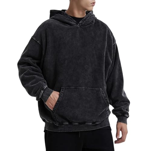 Oversized Acid Wash Vintage Hoodie Men Cotton Heavyweight Baggy Trendy Streetwear Hooded Sweatshirt Basic Pullover