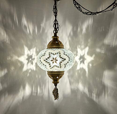 DEMMEX Authentic Turkish Plug in Light, Handmade in Turkey, 6.5" Globe, Turkish Moroccan Mosaic Swag Plug in Ceiling Hanging Pendant Light Fixture, 15ft Cord & Decorated Chain (White Clear)