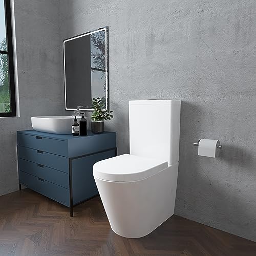 Acezanble Bathroom Back to Wall White Ceramic Rimless Close Coupled Toilet Soft Close Seat Round WC Dual Flush Cistern