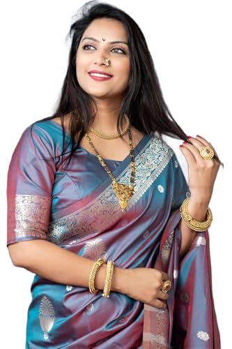 SWORNOF Womens Kanjivaram Banarasi Silk Saree Patola saree with Unstitched blouse piece (RAMA)