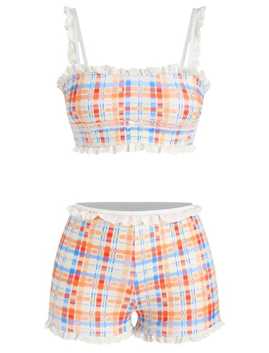 Image of ZAFUL Womens High Waisted Bikini Sets 2 Piece Plaid Ruffle Swimsuits Back Strap Top with High Waisted Shorts Bathing Suit