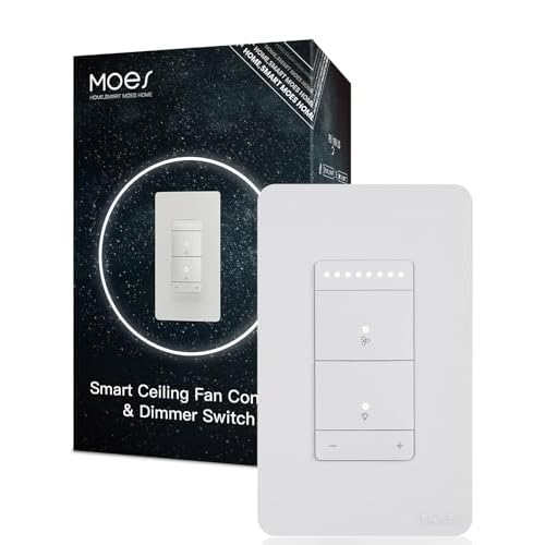 MOES Star Ring Smart Ceiling Fan Control and Dimmer Light Switch, 2.4GHz WiFi Smart Switch, 4-Speed & 1-100% Dimmable, Neutral Wire Required, Smart Life APP, Compatible with Alexa & Google H