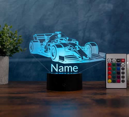 Optechvisual Formel 1 Lampe personalisiert – LED Nachtlicht mit Name | Formel Auto Geschenk für Kinder & Männer | Racing Car Light Deko fürs Kinderzimmer, Schlafzimmer & Motorsport-Fans