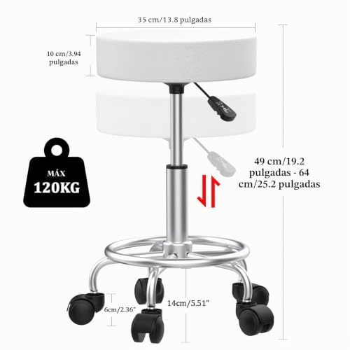 Miniatura 3 de 2 X Taburete De Bar, Taburete Con Ruedas Giratorio En 360 , Silla Escritorio Blanca En Piel Sintética, 35 Cm De Ancho, Sillas De Cocina Regulables En Altura, Silla De Trabajo Acolchado Con Reposapiés