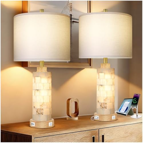 27" Alabaster and Wood Table Lamp Set of 2 with Night Light Night...