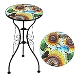 GEEZY Mosaic Garden Table – Sunflower Design, Weatherproof Glass & Iron, Small Round Outdoor Patio Coffee Versatile Bistro Side Table Plant Stand for Home & Gift, 30.5 cm Diameter, Garden Tables Only