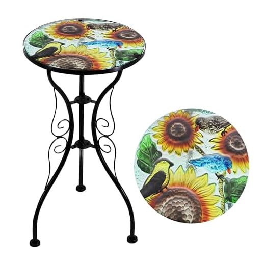 GEEZY Mosaic Garden Table – Sunflower Design, Weatherproof Glass & Iron, Small Round Outdoor Patio Coffee Versatile Bistro Side Table Plant Stand for Home & Gift, 30.5 cm Diameter, Garden Tables Only