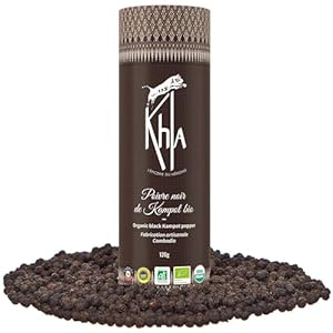 Khla - Kampot Pfeffer Schwarz Bio 120g - Schwarzer Pfefferkörner Ganz Biologisch - Grand Cru - Zutat Küchen - Direkt vom Erzeuger - Schwarze Körner Ganze für Mühle - Aus Kambodscha
