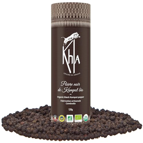 Khla - Kampot Pfeffer Schwarz Bio 120g - Schwarzer Pfefferkörner Ganz Biologisch - Grand Cru - Zutat Küchen - Direkt vom Erzeuger - Schwarze Körner Ganze für Mühle - Aus Kambodscha