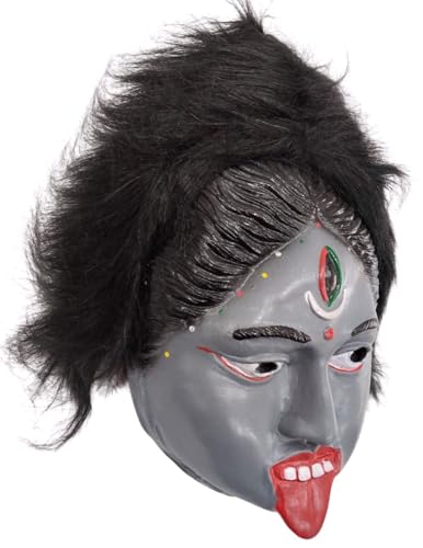Image of BookMyCostume Kali Mata Rubber Mask for Fancy Dress - Grey Color Goddess with Attached Hair|Religious Role for Kids & Adults|Kali Devi Costume Accessory