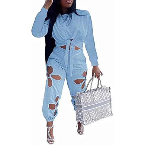 Womens 2 Piece Outfits Fall Casual Long Sleeve Knot Crop Top Flower Hollowed Out Sweatpants Tracksuit, Blue, X-Large Cover