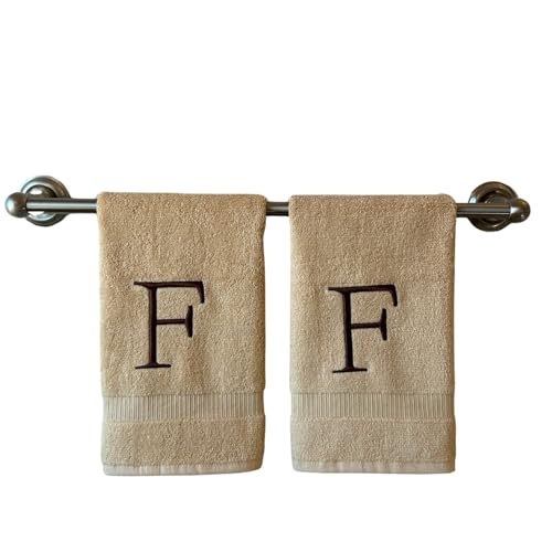 Beige with Brown Monogrammed Hand Towels for Bathroom - Set of 2 Letter F