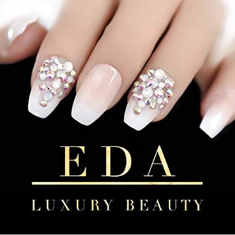 EDA LUXURY BEAUTY Natural Nude Ombre French 3D Luxe Crystal Design Press On Nails Full Cover Acrylic Nail Kit Glue On False Nails Extra Long Coffin Ballerina Square Nail Art Fashion Fake Nails Set Cover
