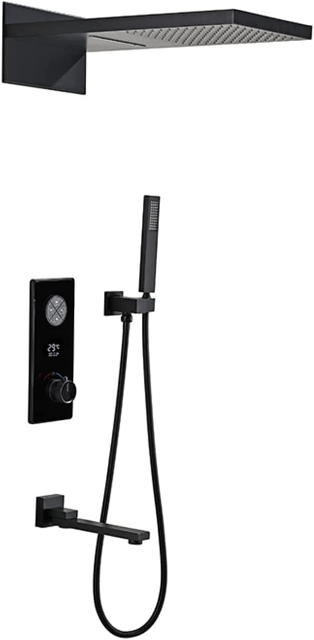 OZBMA Thermostatic Shower Set, Faucet with Temperature Display Valve Body, Faucets Sets Complete Dual Head and Bathtub Faucet, Wall Mounted Interesting,Black-A