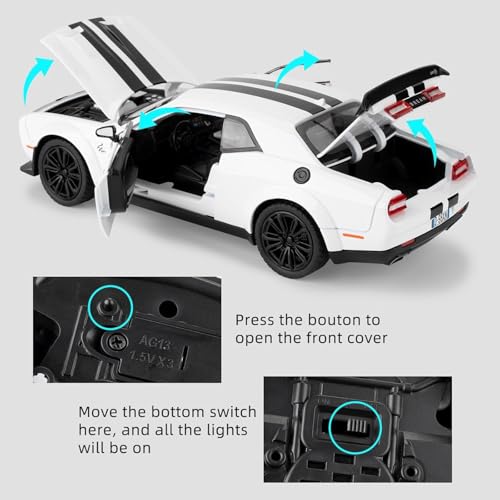 Image of WORSHIPER 1:22 Dodge Challenger SRT Exclusive Alloy Metal Pull Back Die-cast Car Model with Sound Light Mini Auto Toy for Kids for Toy Car with Sound and Light (1:22 Dodge Challenger SRT - White)