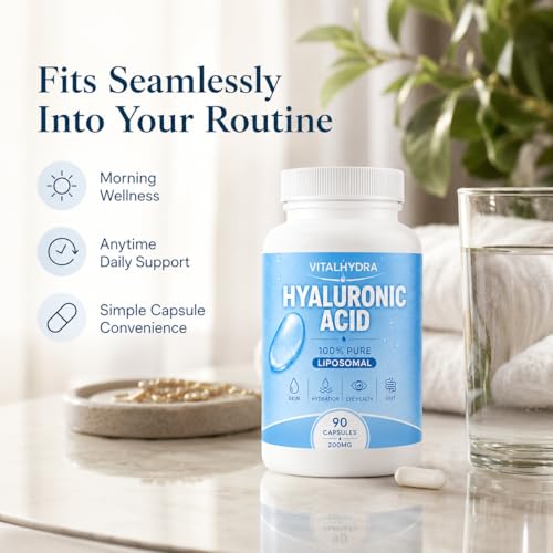 Open bottle showing Vitalhydra Hyaluronic Acid capsules