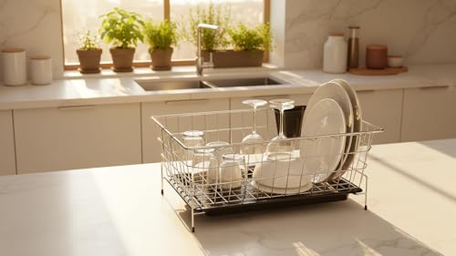 ZINBELL Stainless Steel Dish Drying Rack, Kitchen Counter Organizer with Removable Drip Tray and Spoons and Cutlery Holder Tub, Utensil Holder Drainer Basket, Chrome Finish (Color: Silver)