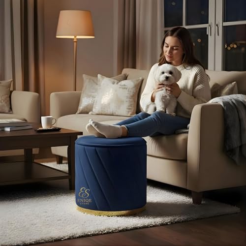 Image of Premium Velvet Ottoman Stool | Modern Round Pouffe with Gold Base | Multipurpose Seating | Living Room & Bedroom Decor (Blue Set of 2)