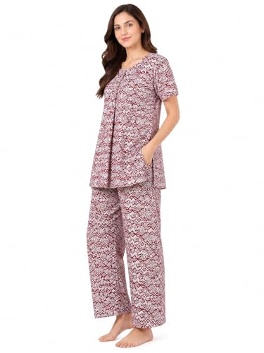 Image of KIAWAH Women Printed Night Suit Set, Cotton Blend Night Suit, A-Line Top and Pajama Set, Soft and Breathable Night Wear