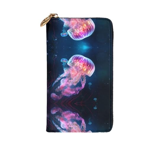 Stylish Colorful Jellyfish Picture Leather Wallet - Long Clutch for Women, RDurable Material, 12 Card Slots, Zipper Compartments2