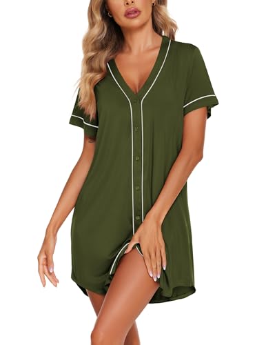 Image of Ekouaer Womens Nightgown Button Down Sleep Shirts Short Sleeve Nightshirt V-Neck Sleepdress Soft Sleepwer