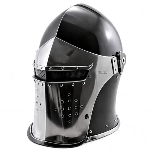Viking Visored Barbuta Battle Helmet – Black Medieval Knight Helm Armor, Wearable Steel SCA LARP Replica Costume, Viking Warrior Collectible, Rustic Vintage Home Decor Gift