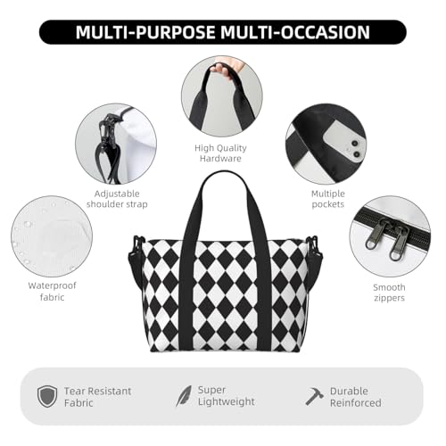 Laptop Tote Bag for Women Work - Black White Harlequin Print Overnight Weekender Bags for Women Travel, Gym Duffle Bag for Men, Personal Item Crossbody Travel Bags for Men Carry On3