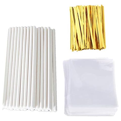 Lollipop Stick (6 inch), Candy Wrappers and Twist Ties Set, 100 Papery Lollipop Sticks (6 inch), 200 Lollipop Bags and 200 Twist Ties (500Pcs) Cover