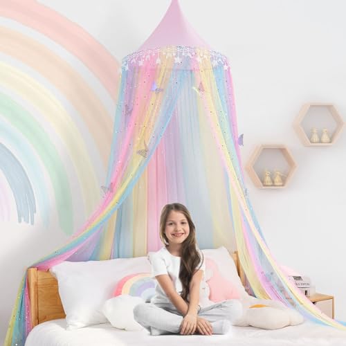 Rainbow Kids Bed Canopy for Girls Baby Crib with Butterfly Fairy Dream Princess Bed Canopy Hanging Mosquito Net Reading Nook Canopies Room Decor (Rainbow)