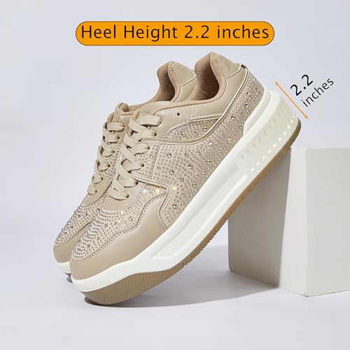 Niluber Women's Sparkle Rhinestone Chunky Sneakers White Leather Platform Tennis Shoes Lace Up Casual Walking Shoes (White, 6)2