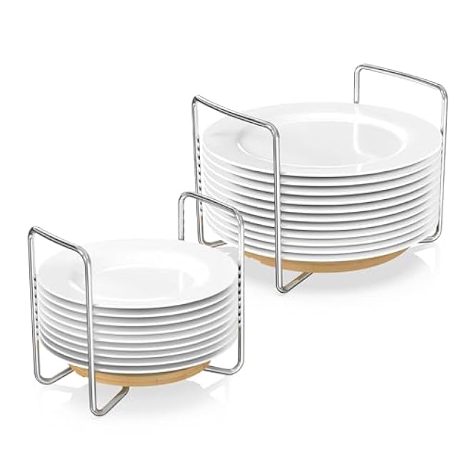 Plate Holder for Kitchen Drawers - Bamboo Dish Racks for Kitchen Counter 2Pcs Small & Large - Adjust 6.75 to 12.5 Stainless Steel Plate and Bowl Organizer for Cabinet, RV, Countertop