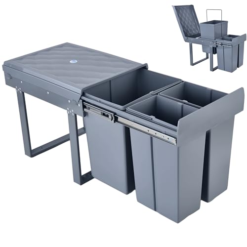MinteLiv Einbaumülleimer Küche 3 Fächer (20L+2x10L) Mülltrennsystem 5-Punkt-Verstärkung ausziehbarer Unterschrank-Mülleimer abnehmbarer Deckel geruchsminimierend 48x33 5x42cm Grau