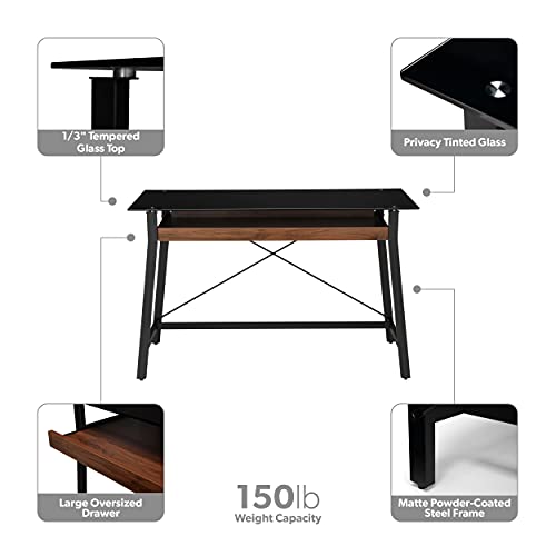 Ofm Industrial Modern Tempered Glass Top Desk, 48", Black/Walnut #TOP2