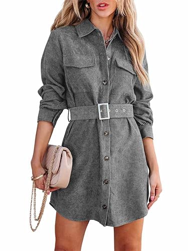 seiveini Blusenkleid Damen Corduroy Hemdkleid mit Gürtel Cordkleid Midi Kleider Frühling Herbst Tunikakleid Shirtkleid A Grau XL