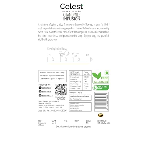 Image of Celest Chamomile Tea Bags 100 Count (50 x 2) | Pure Herbal Infusion for Relaxation & Sleep Support | Caffeine Free Beverage | Premium Pyramid Sachets | Chamomile Flower Blend | Pack of 2