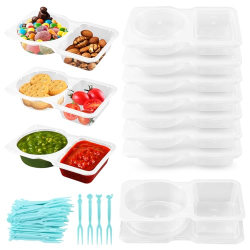 TILZIKA 40 recipientes reutilizables para aperitivos, 2 compartimentos, a prueba de fugas, sin ensuciar, con tapas y 50 tenedores, fácil preparación de comidas y control de porciones, mantiene los