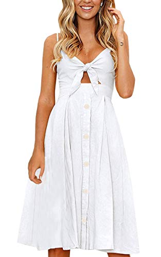 ECOWISH Womens Dresses Summer Tie Front V-Neck Spaghetti Strap Button Down A-Line Backless Swing Midi Dress 1603 White S