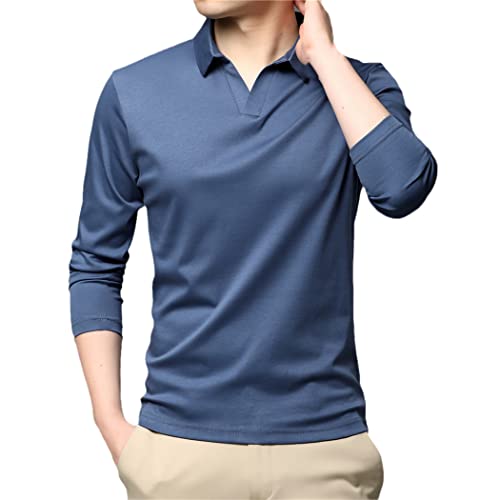 Edsnhg Spring Autumn Soft Cotton Collar Long Sleeve Polo-Shirt Sky Blue #TOP3