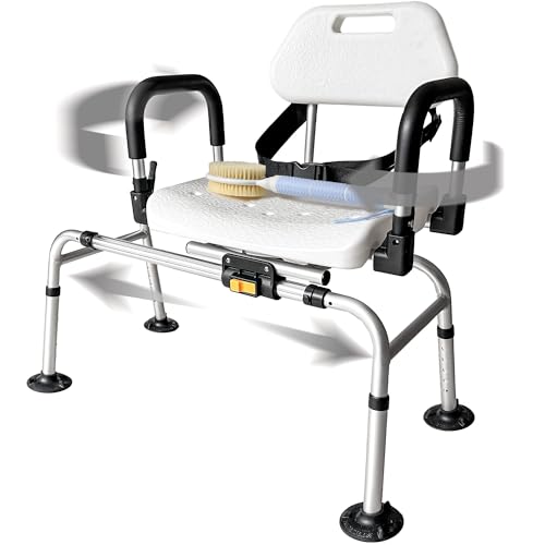 DMI FSA/HSA Eligible 360° Max Comfort Swivel Shower Chair for Elderly and Disabled, Extra-Wide 360lb Capacity Tub Transfer Bench, Non-Slip & Padded Arms, Bonus Adjustable Back Scrubber Included