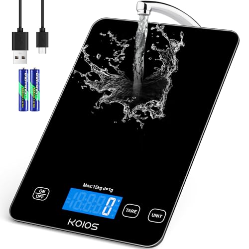 KOIOS Food Scale, 33lb/15kg Digital Kitchen Scale Weight in Grams and Ounces for Cooking Baking, 1g/0.1oz Precise Graduation, Batteries and Type-C Charging, Tare Function, LCD Display, Black
