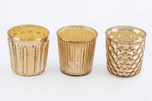 Windlichter Teelichtgläser Gold 3er-Set – Glas mit Struktur –...