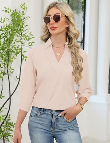Image of LOMON 3 /4 Length Sleeve Womens Tops Dressy V Neck Collared Shirts Trendy Business Casual Work Blouses Vacation Outfits 2026