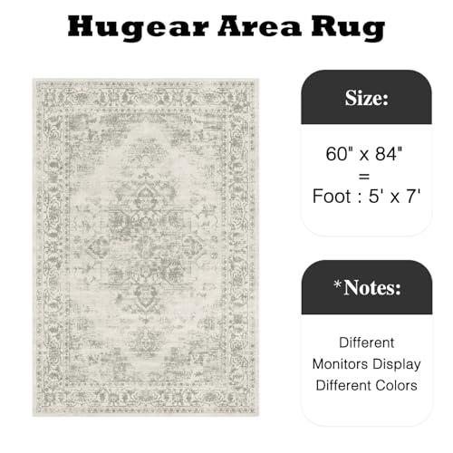Vintage Grey Boho Floral 5x7 Rug for Living Room & More Non-Slip