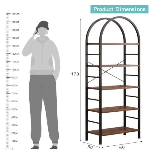 Image of HOME CUBE 5-Tier Standing Shelf Unit, Freestanding Storage Rack with Wooden Shelves & Metal Frame, Microwave Stand, Kitchen Organizer, Bookshelf, Multipurpose Storage, Arched Top Design- 60x30x170cm