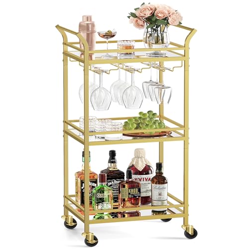 VASAGLE Bar Cart, Home Bar Serving Cart, Small Bar Serving Cart with 3-Tier Shelf, Wine Holders, Glass Holders, Mini Bar Cart for Small Spaces, Kitche