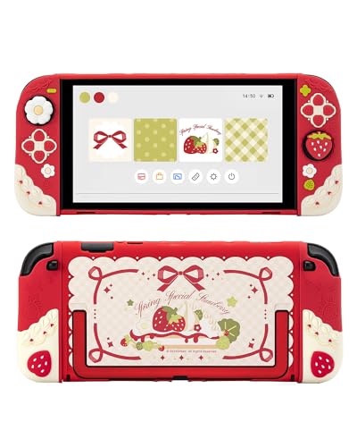 Image of GeekShare Strawberries with Cream Case Compatible with Switch 2, Slim Separable Soft Silicone Protective Shell with 2 Thumb Grip Caps -- Red