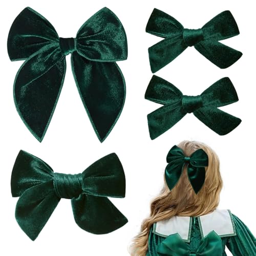 BellaBlend Dunkelgrüne Velvet Hair Bows – 4-Piece Set with Alligator Clips, Handmade Hair Bows for Little Girls, Hair Accessories for Schoolgirls (Dark Green)