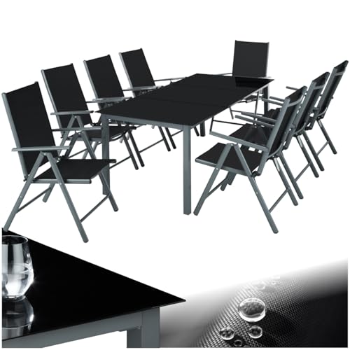 tectake® Salon de Jardin Extérieur en Aluminium - 8 Fauteuils Inclinables Pliables, 1 Table - Facile d'entretien, Mobilier pour Aménagement Balcon Terrasse