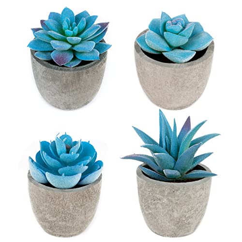 Set of 4 Blue Fake Succulents Potted, Mini Succulents Plants Indoor, Blue Decor Small fakeplants for Shelves Home Office Table Bathroom Bedroom Kitchen Desk Decor Shelf Decor